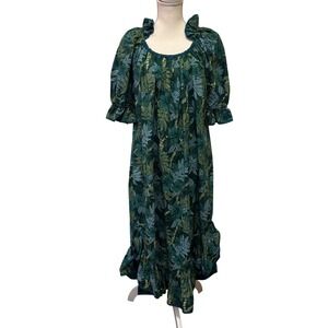 Janem Honolulu Vintage Hawaiian Muumuu Dress Green Floral Ruffle Size 12 8073D